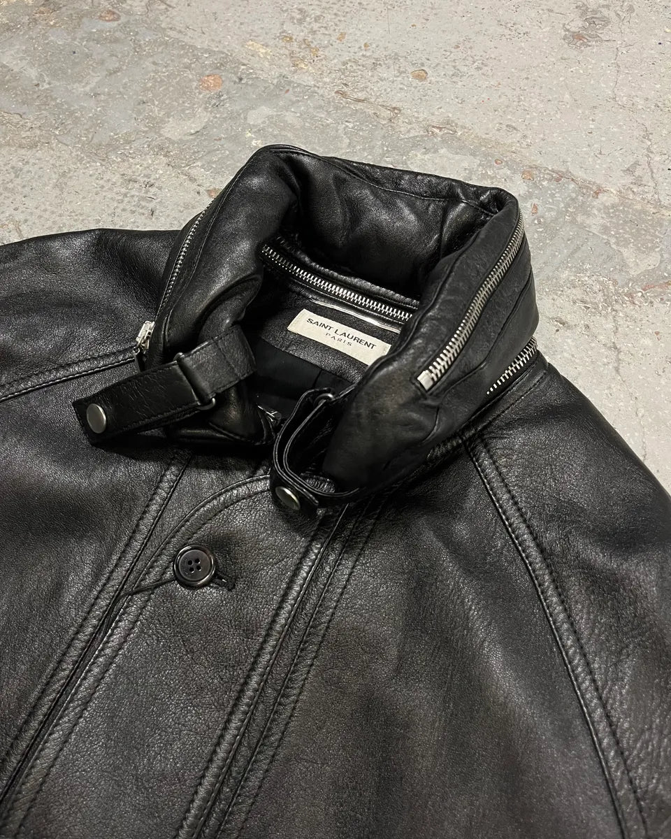 AW2017 Saint Laurent Black Leather Hooded Detachable Collar Jacket wgoTjOw 4