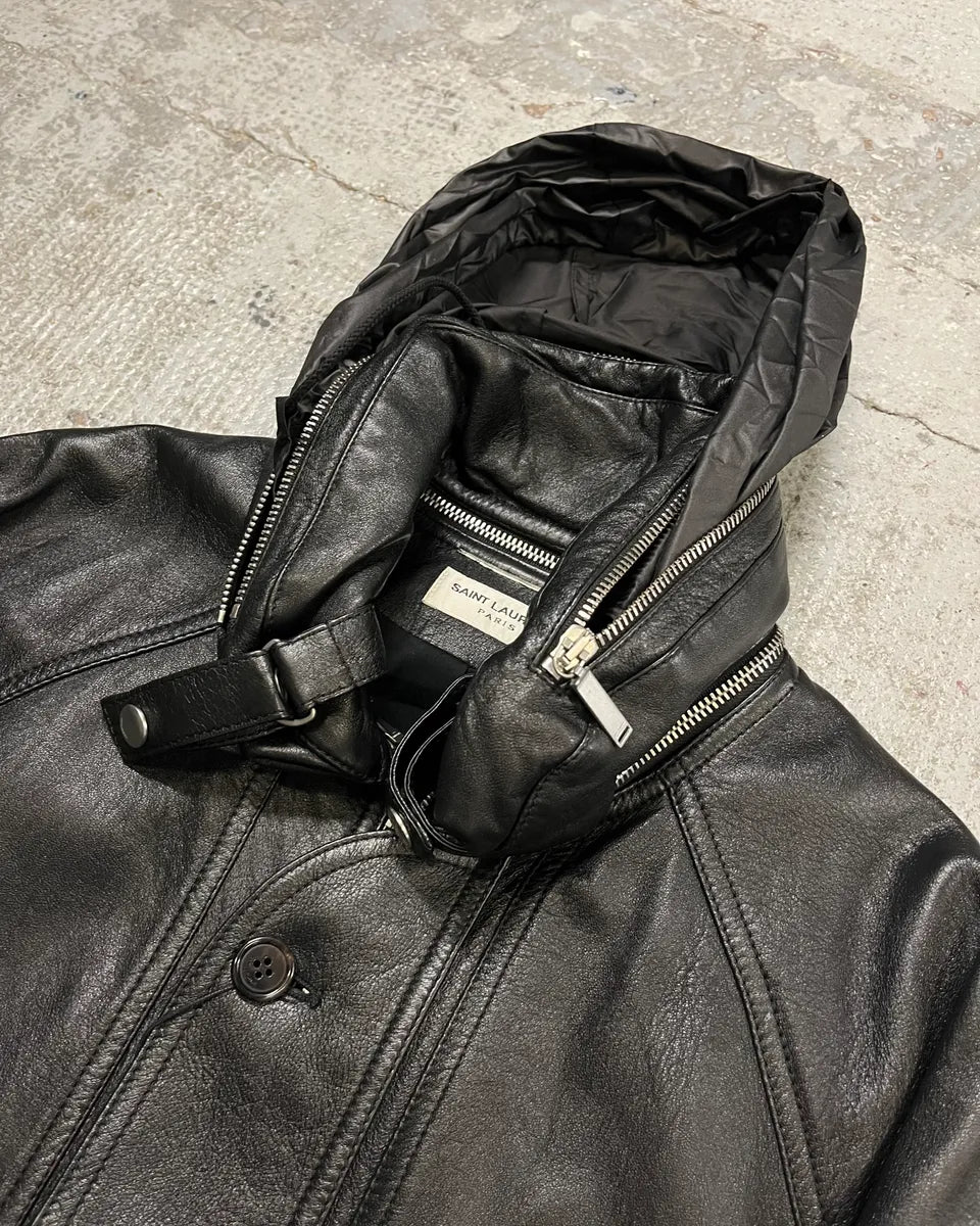 AW2017 Saint Laurent Black Leather Hooded Detachable Collar Jacket wgoTjOw 5