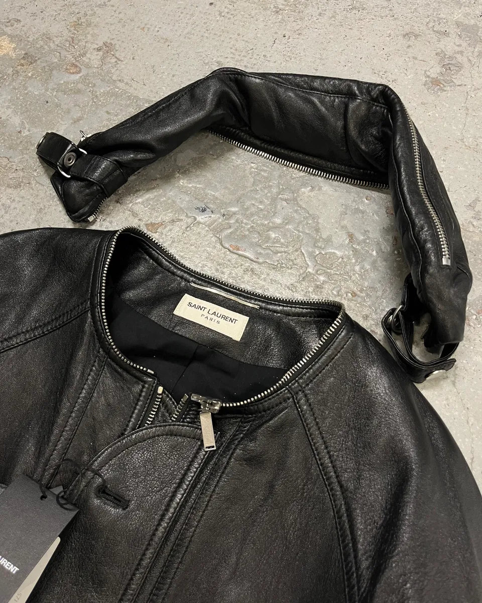 AW2017 Saint Laurent Black Leather Hooded Detachable Collar Jacket wgoTjOw 6