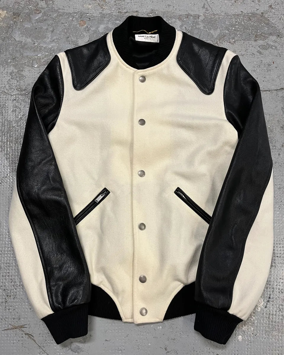 AW2017 Saint Laurent Cream Wool Leather Shoulder Patch Bomber Jacket wlQiHJl 0