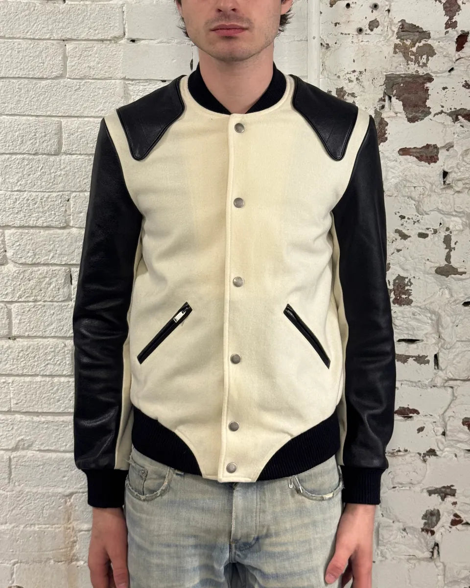 AW2017 Saint Laurent Cream Wool Leather Shoulder Patch Bomber Jacket wlQiHJl 2