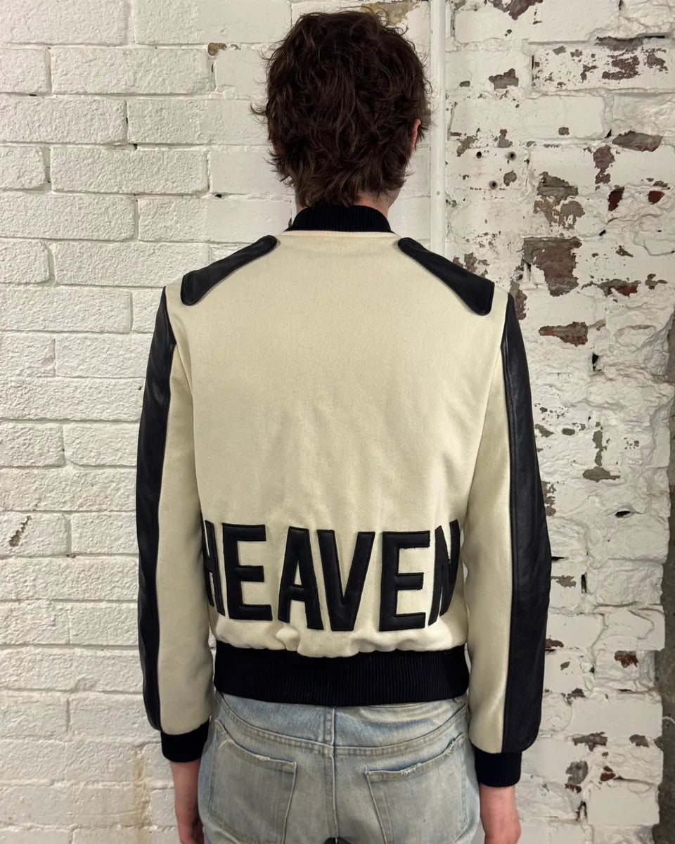 AW2017 Saint Laurent Cream Wool Leather Shoulder Patch Bomber Jacket wlQiHJl 3