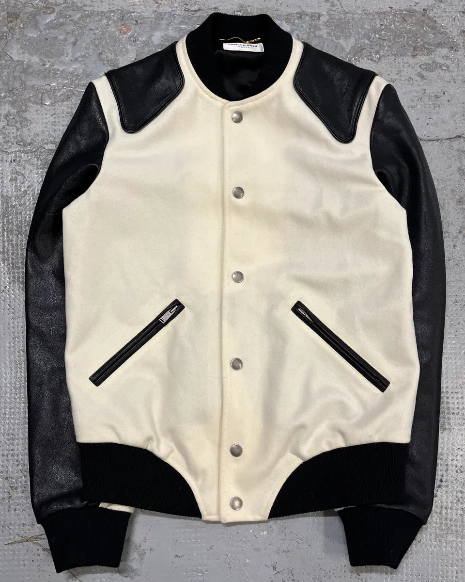 AW2017 Saint Laurent Cream Wool Leather Shoulder Patch Bomber Jacket wlQiHJl 4