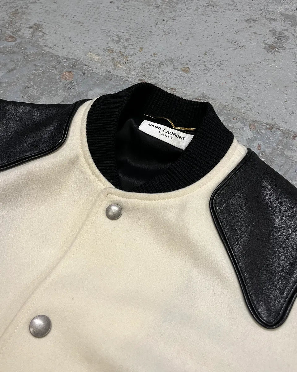 AW2017 Saint Laurent Cream Wool Leather Shoulder Patch Bomber Jacket wlQiHJl 5