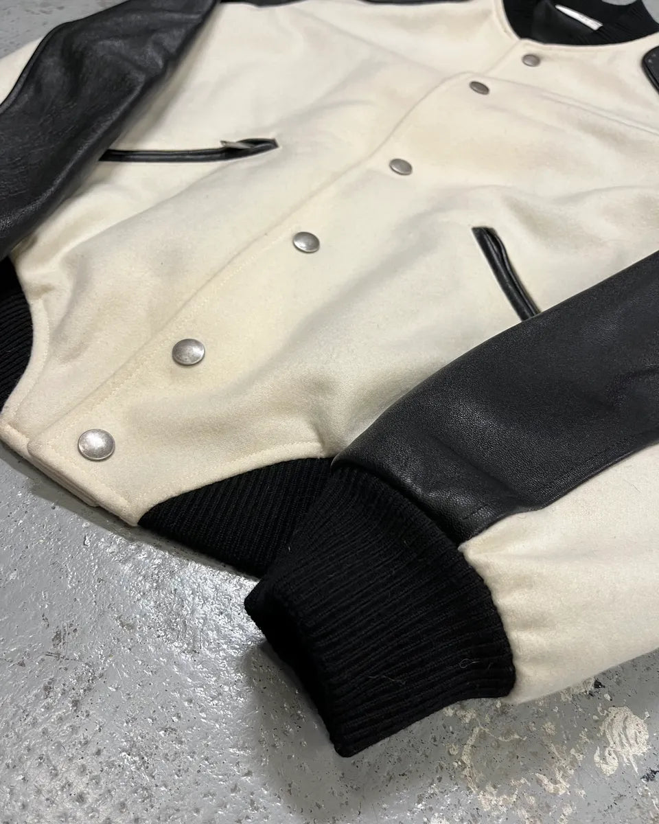 AW2017 Saint Laurent Cream Wool Leather Shoulder Patch Bomber Jacket wlQiHJl 6