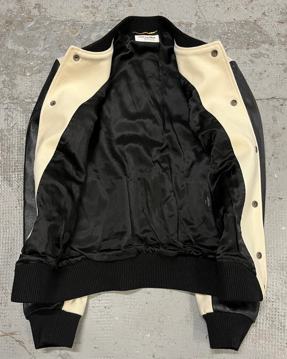 AW2017 Saint Laurent Cream Wool Leather Shoulder Patch Bomber Jacket wlQiHJl 8
