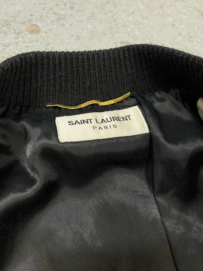 AW2017 Saint Laurent Cream Wool Leather Shoulder Patch Bomber Jacket wlQiHJl 9