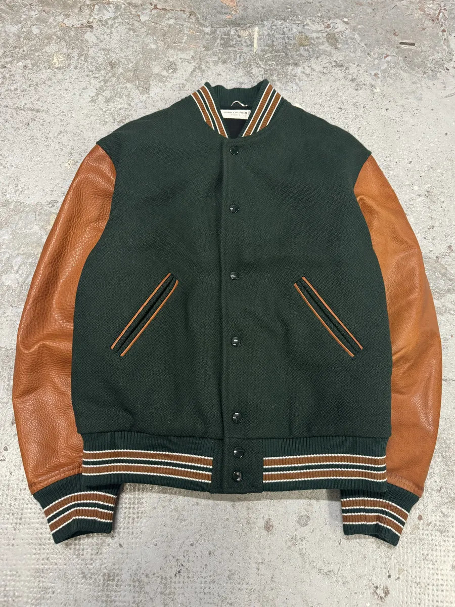AW2017 Saint Laurent Green & Orange Leather Sleeves Teddy Varsity Jacket AVXvDcU 0