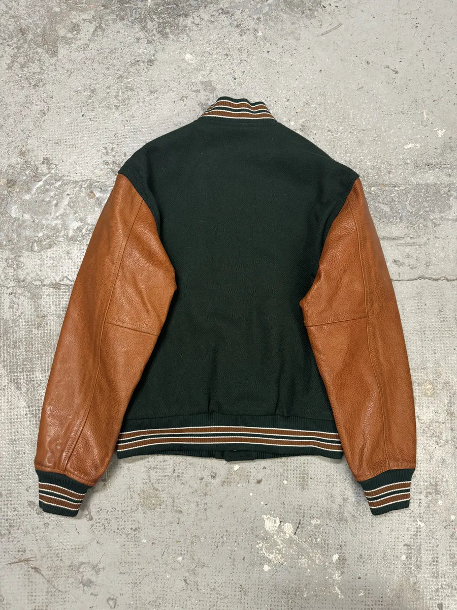 AW2017 Saint Laurent Green & Orange Leather Sleeves Teddy Varsity Jacket AVXvDcU 1