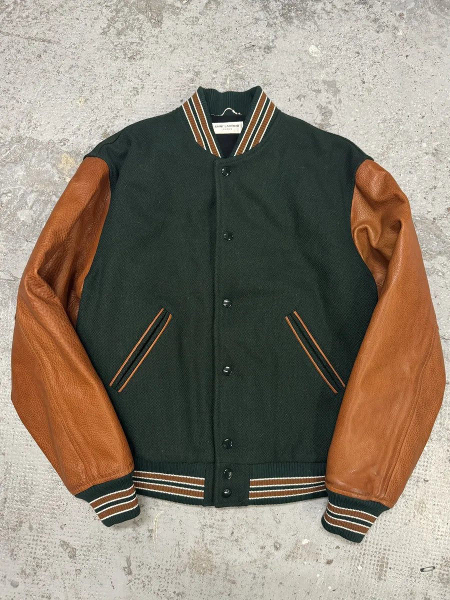 AW2017 Saint Laurent Green & Orange Leather Sleeves Teddy Varsity Jacket AVXvDcU 2