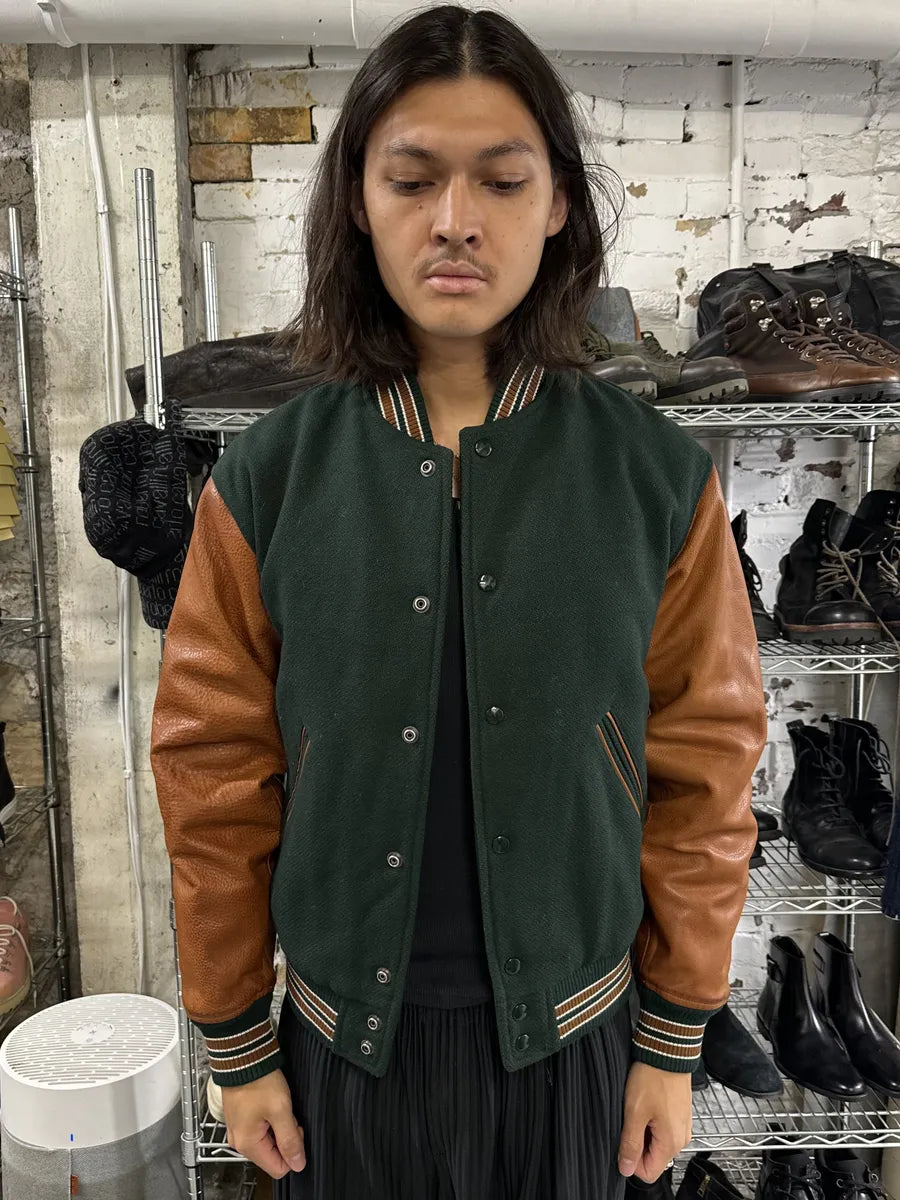 AW2017 Saint Laurent Green & Orange Leather Sleeves Teddy Varsity Jacket AVXvDcU 3