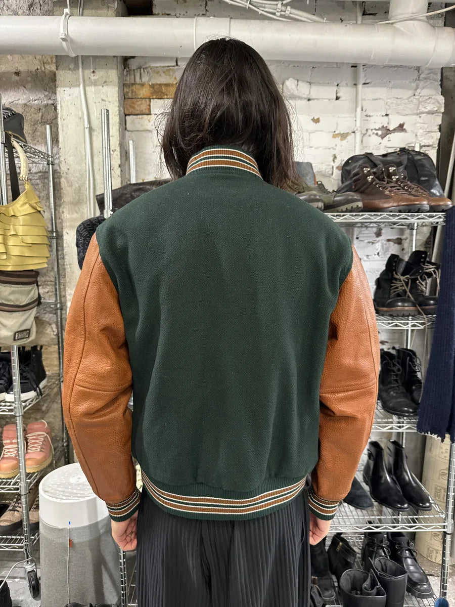 AW2017 Saint Laurent Green & Orange Leather Sleeves Teddy Varsity Jacket AVXvDcU 4
