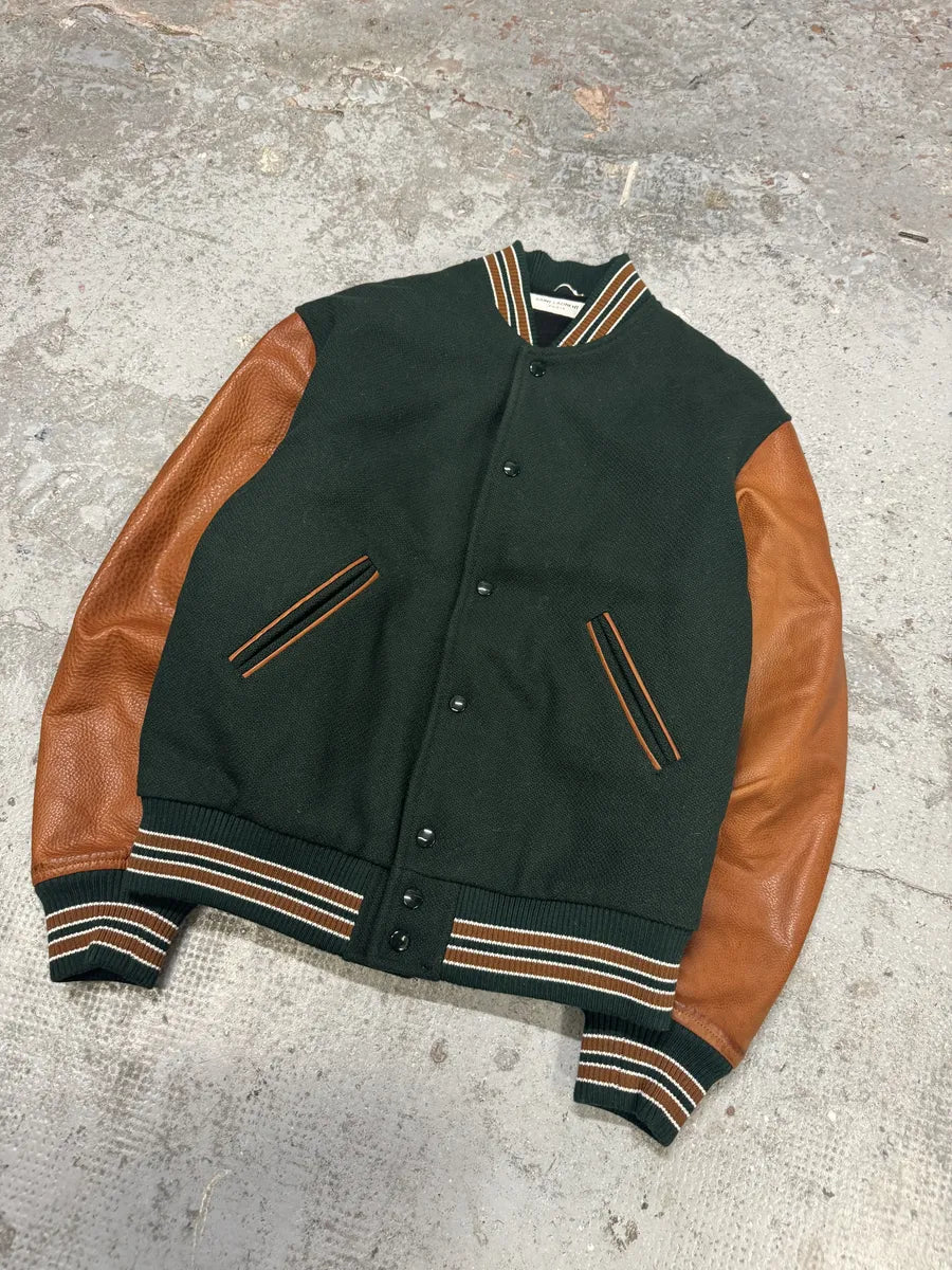 AW2017 Saint Laurent Green & Orange Leather Sleeves Teddy Varsity Jacket AVXvDcU 5