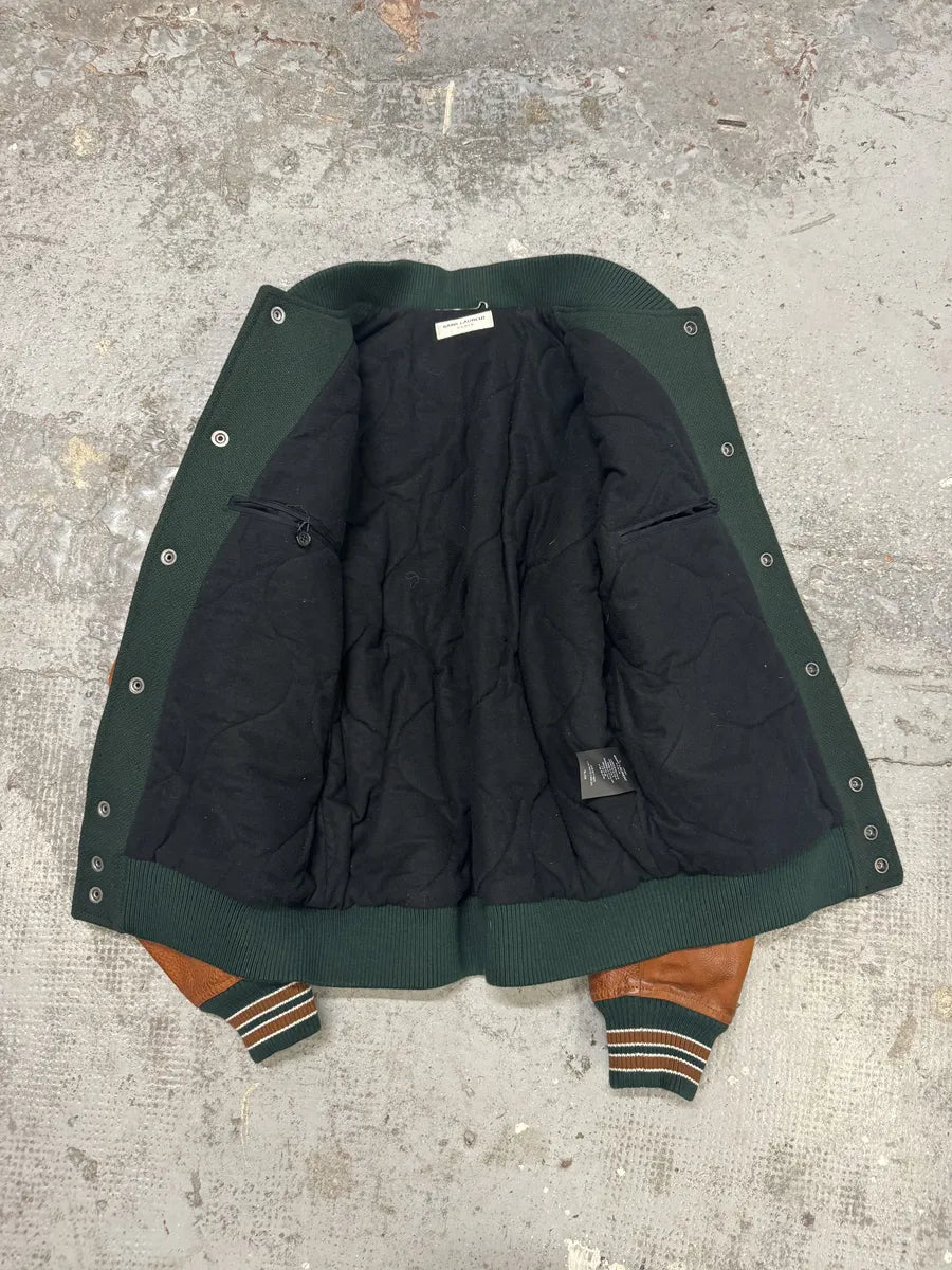 AW2017 Saint Laurent Green & Orange Leather Sleeves Teddy Varsity Jacket AVXvDcU 7