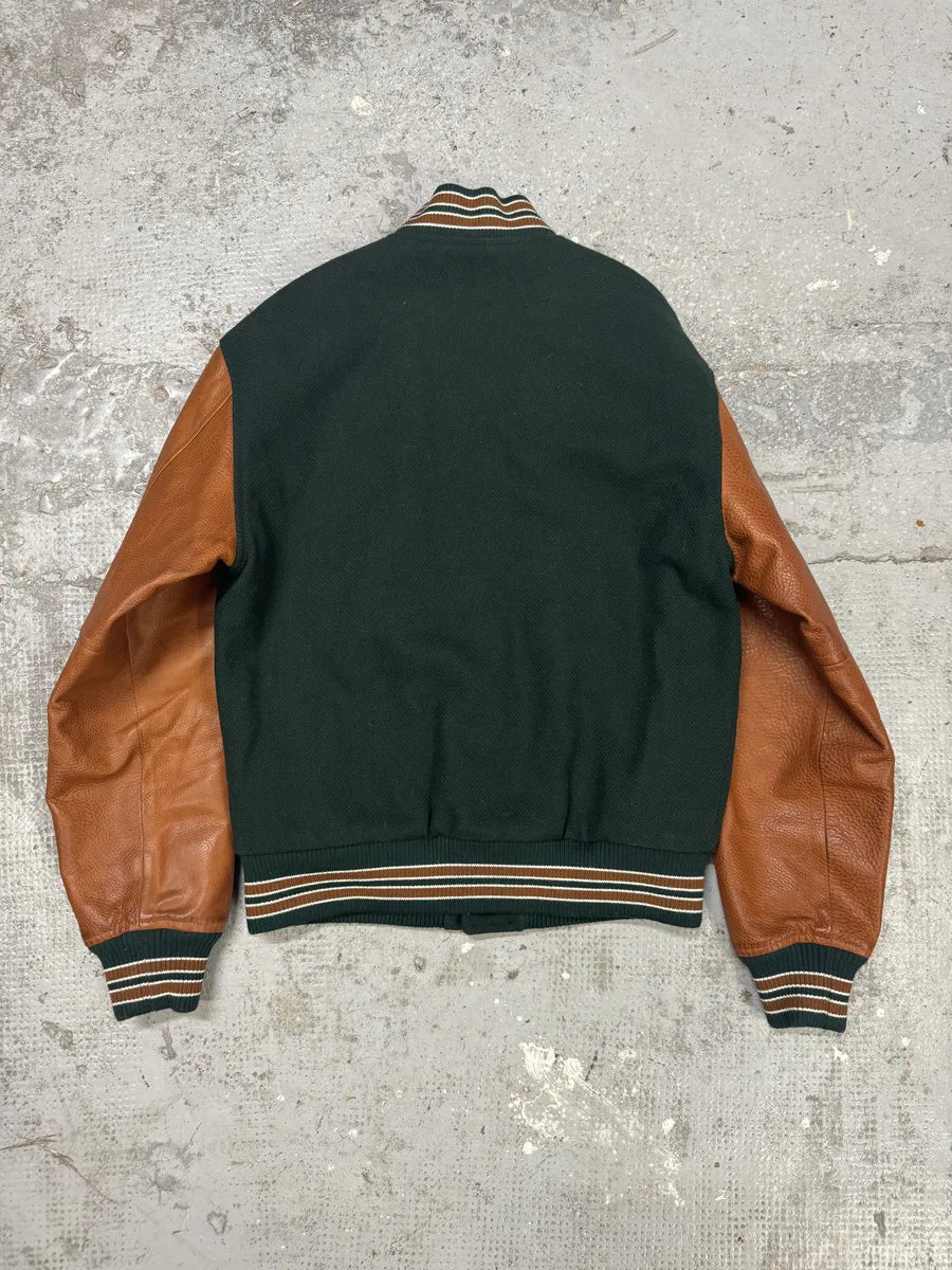 AW2017 Saint Laurent Green & Orange Leather Sleeves Teddy Varsity Jacket AVXvDcU 8