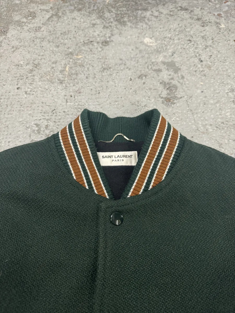 AW2017 Saint Laurent Green & Orange Leather Sleeves Teddy Varsity Jacket AVXvDcU 9