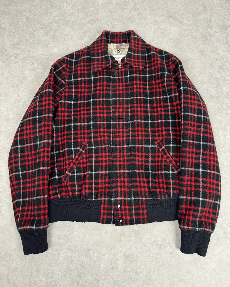 AW2017 Saint Laurent Harrington Red Wool Checkered Teddy Jacket JYIiYus 0