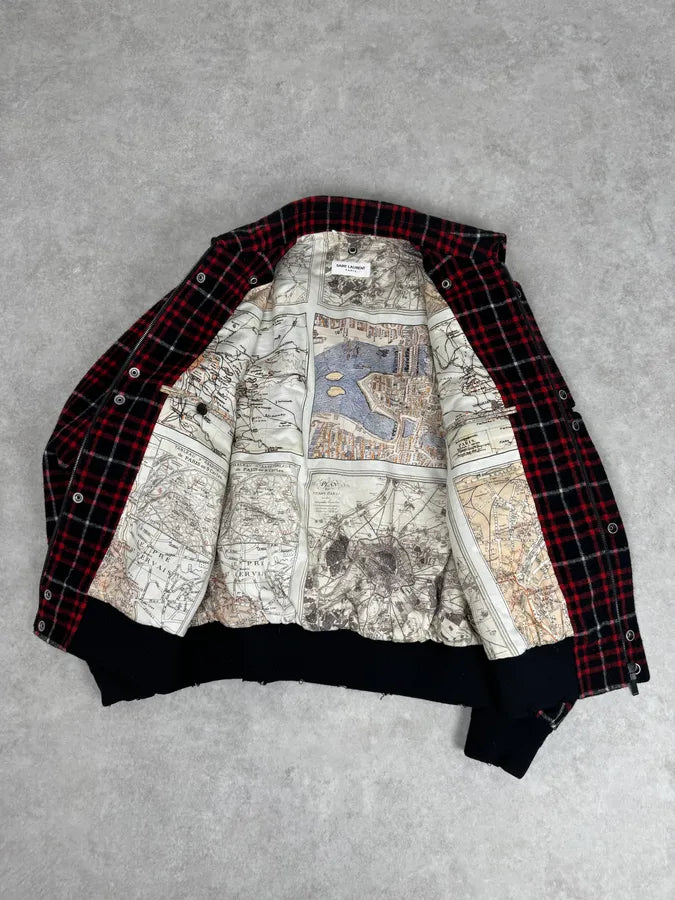 AW2017 Saint Laurent Harrington Red Wool Checkered Teddy Jacket JYIiYus 8