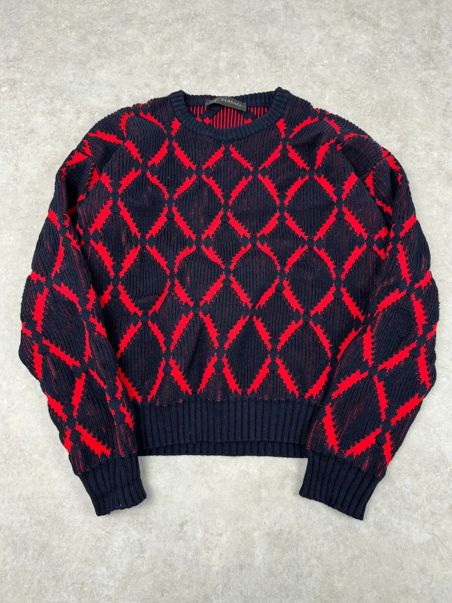 AW2017 Versace Red Losange Navy Wool Sweater xuFTDkS 0