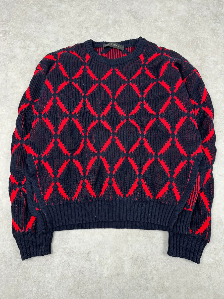 AW2017 Versace Red Losange Navy Wool Sweater xuFTDkS 3