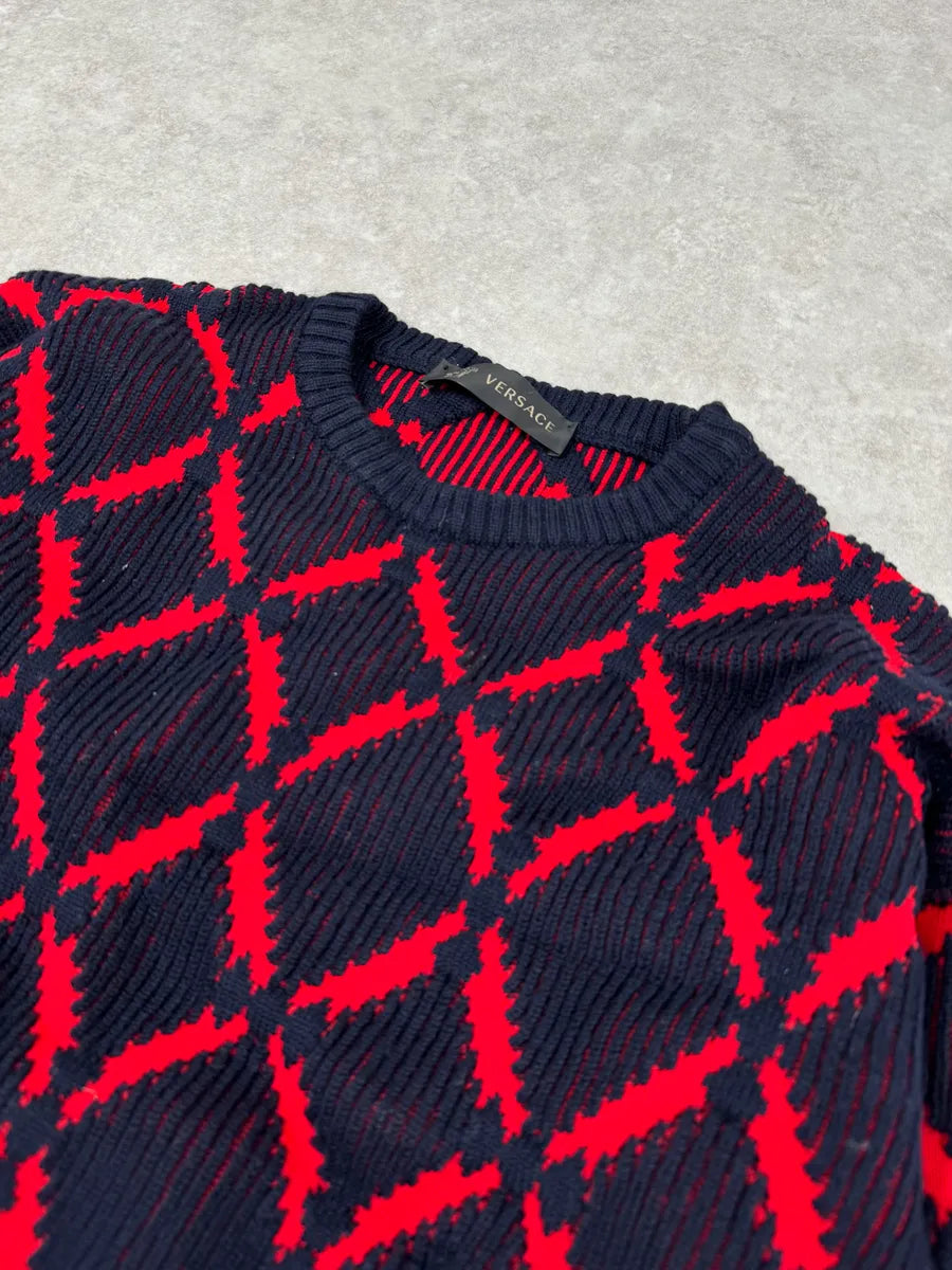 AW2017 Versace Red Losange Navy Wool Sweater xuFTDkS 4