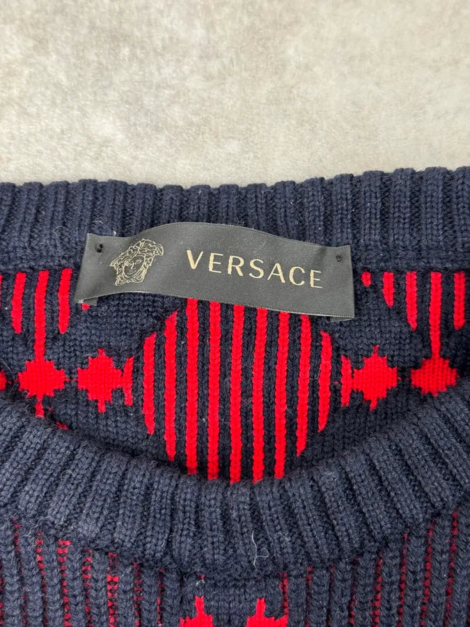 AW2017 Versace Red Losange Navy Wool Sweater xuFTDkS 7