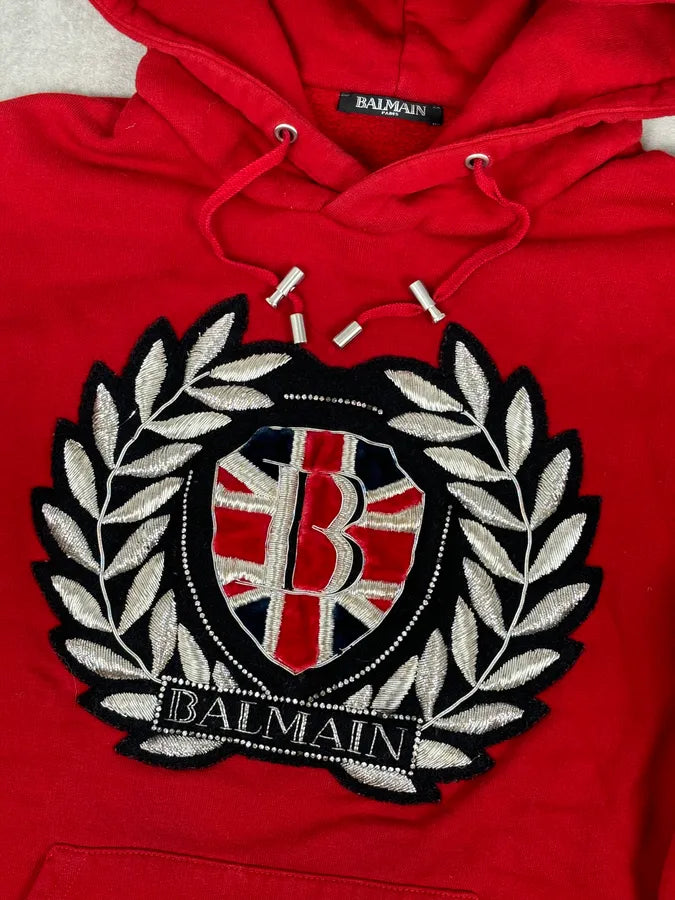 AW2018 Balmain Red UK Flag Embroideries Hoodie TxTArIc 6
