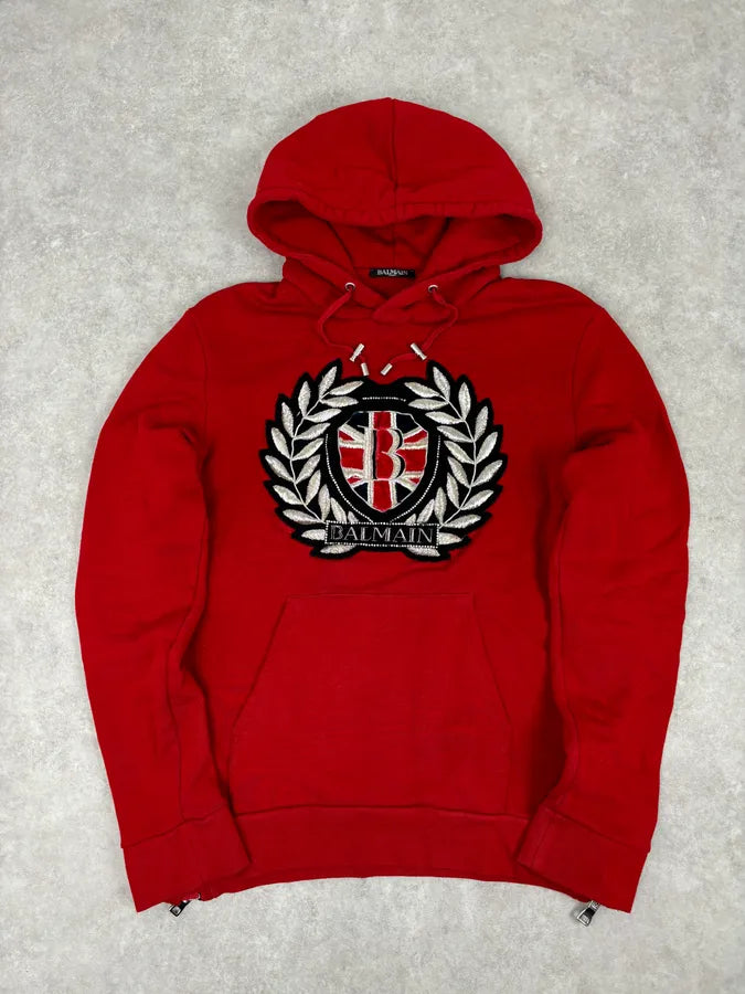 AW2018 Balmain Red UK Flag Embroideries Hoodie TxTArIc 0