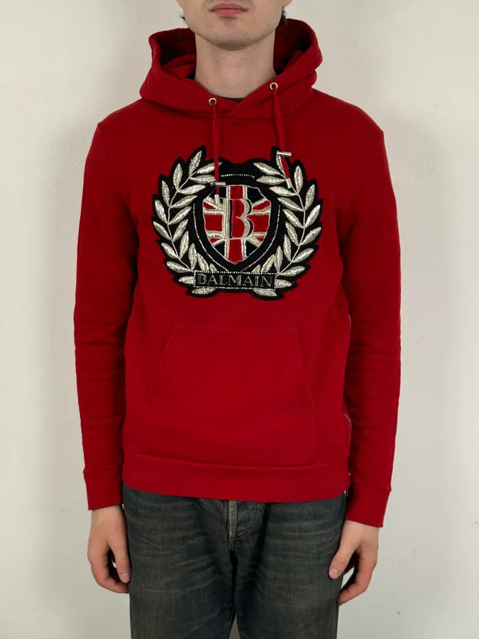 AW2018 Balmain Red UK Flag Embroideries Hoodie TxTArIc 1