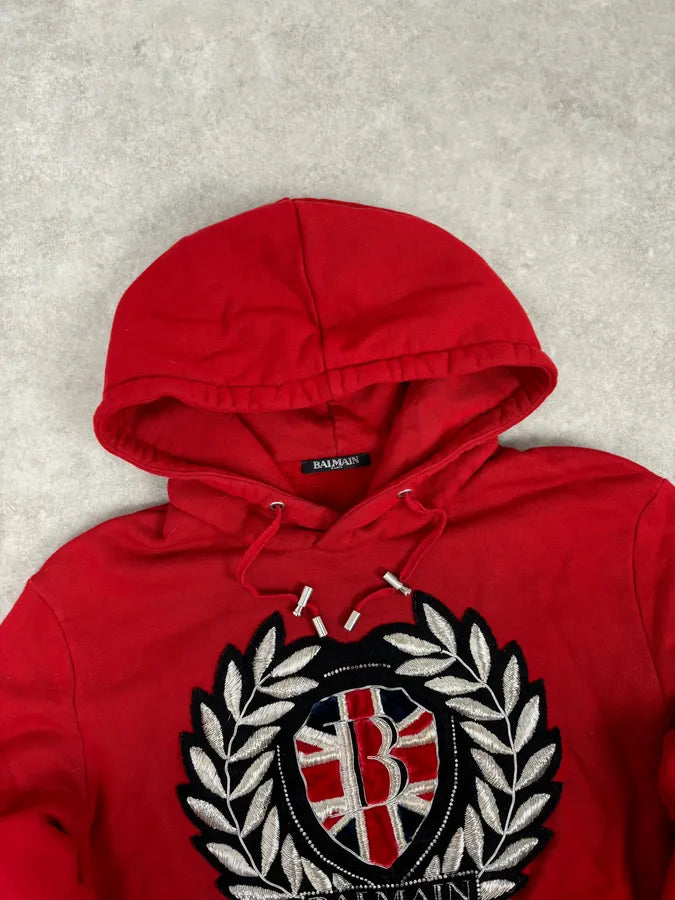 AW2018 Balmain Red UK Flag Embroideries Hoodie TxTArIc 3