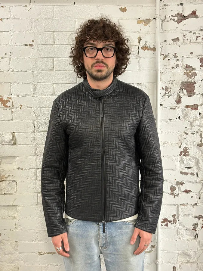 AW2018 Emporio Armani Abstract Mosaic Quilted Black Leather Jacket bswHEqA 1