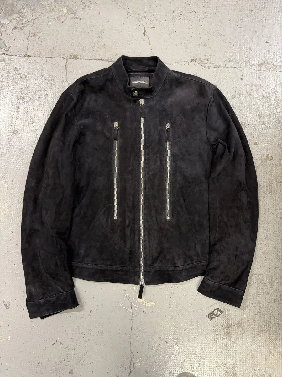 AW2018 Emporio Armani Biker 3-Zip Dark Navy Suede Leather Jacket DZSbPQA 0