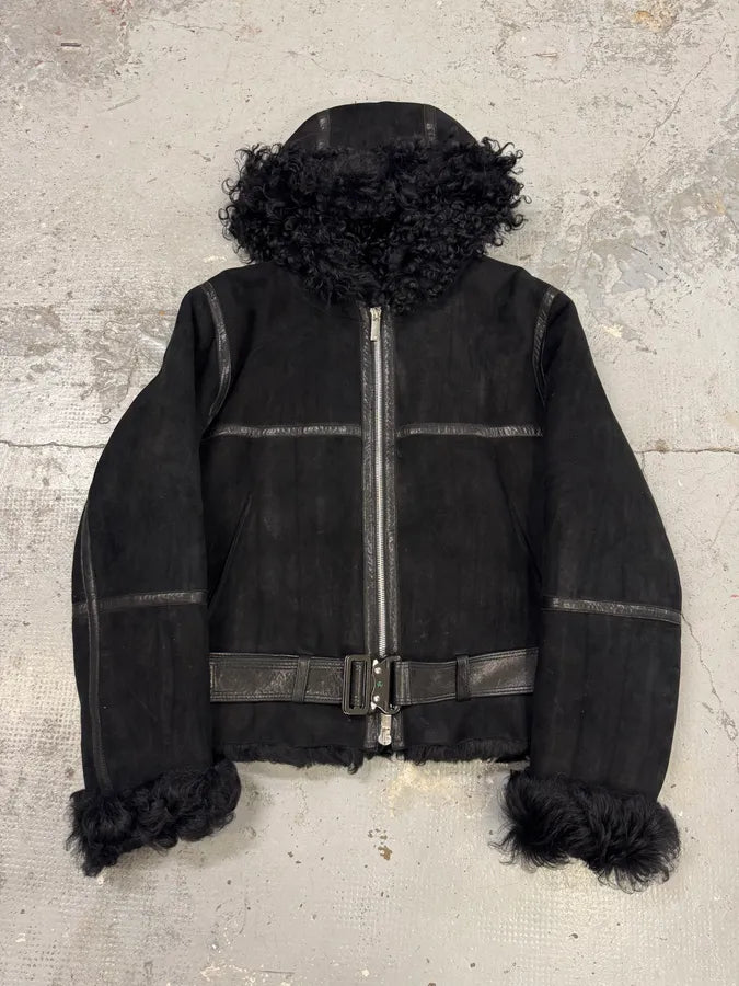 AW2018 Emporio Armani Black Shearling Imperialist Bondage Leather Jacket URKTjEn 0