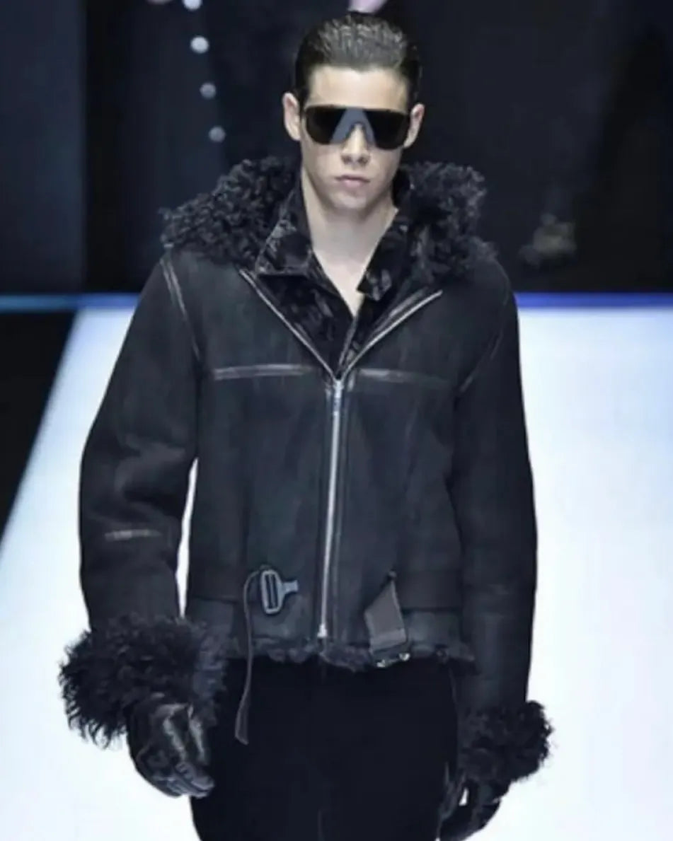 AW2018 Emporio Armani Black Shearling Imperialist Bondage Leather Jacket URKTjEn 1