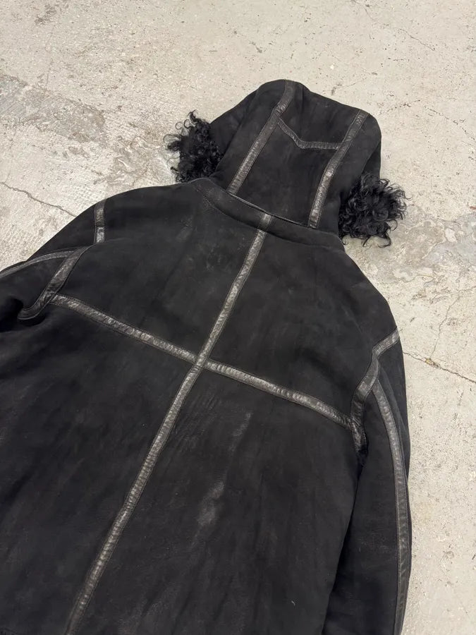 AW2018 Emporio Armani Black Shearling Imperialist Bondage Leather Jacket URKTjEn 2