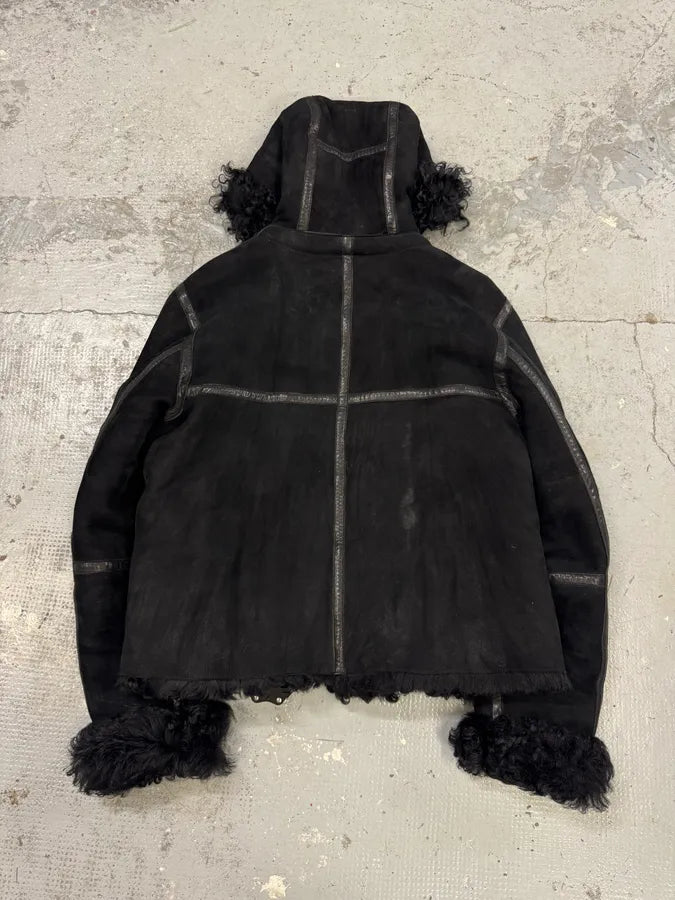 AW2018 Emporio Armani Black Shearling Imperialist Bondage Leather Jacket URKTjEn 3