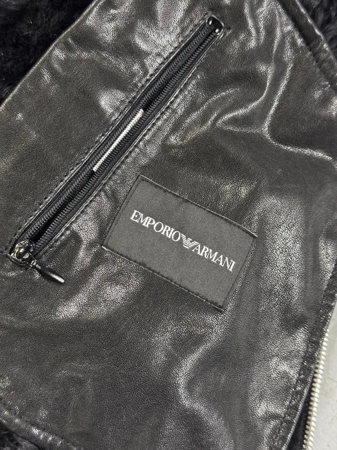 AW2018 Emporio Armani Black Shearling Imperialist Bondage Leather Jacket URKTjEn 7
