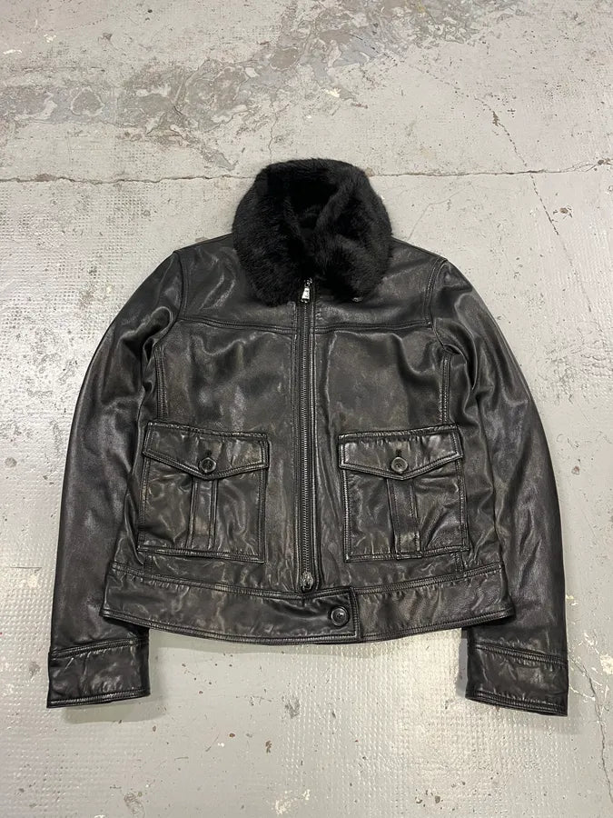 AW2018 Emporio Armani Fake Fur Collar Black Leather Jacket xDOHkSr 0