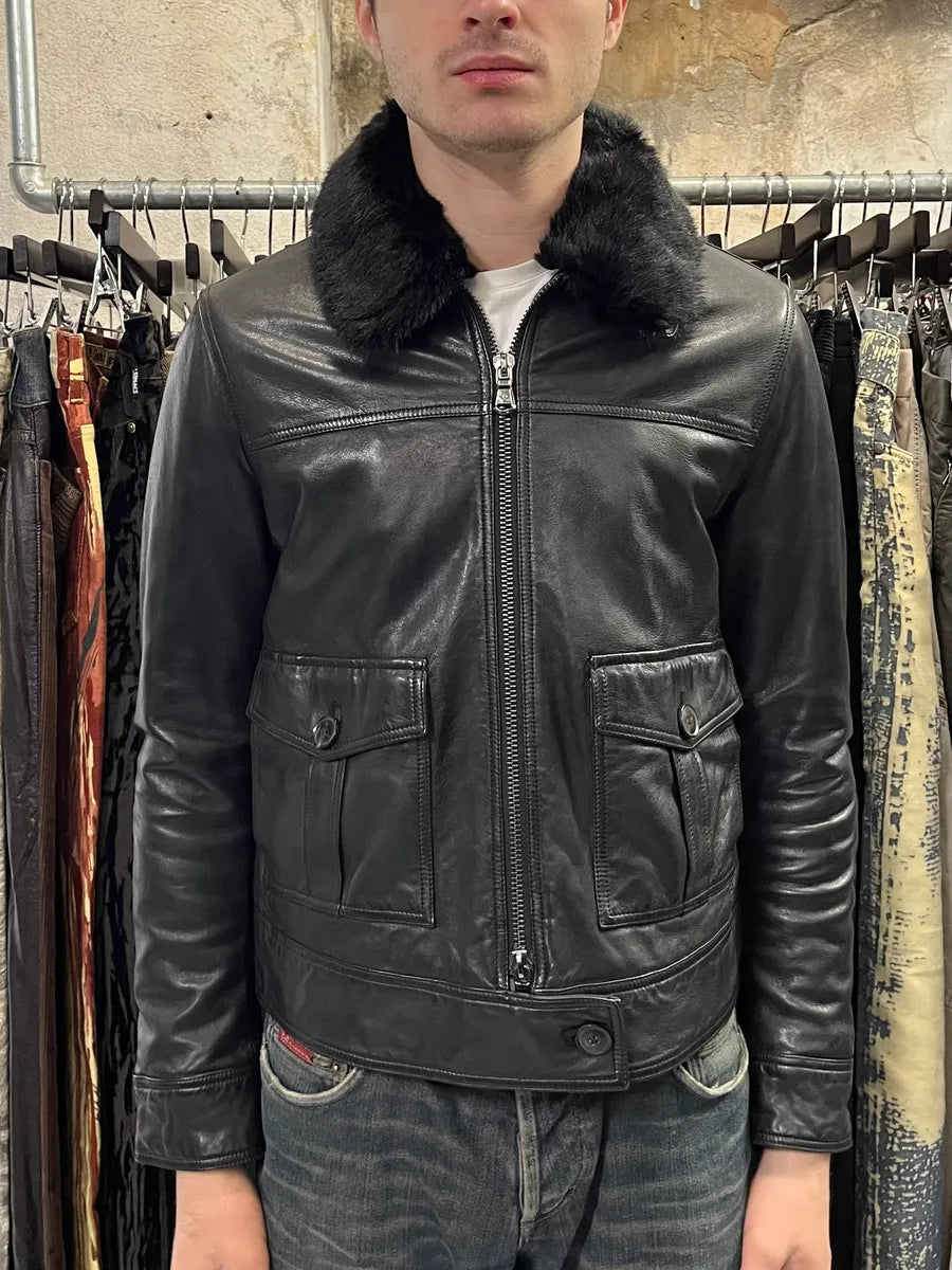 AW2018 Emporio Armani Fake Fur Collar Black Leather Jacket xDOHkSr 1