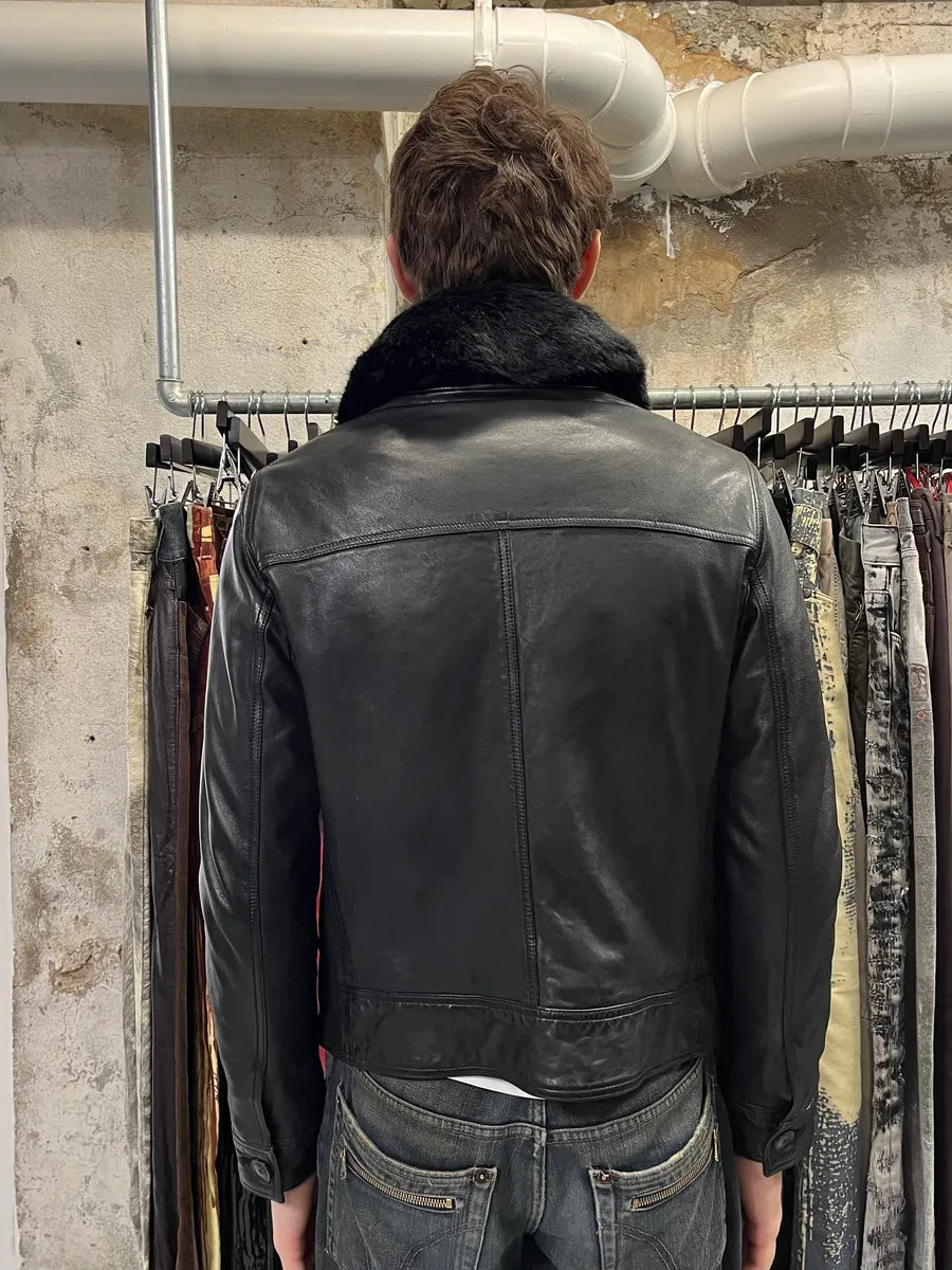 AW2018 Emporio Armani Fake Fur Collar Black Leather Jacket xDOHkSr 2