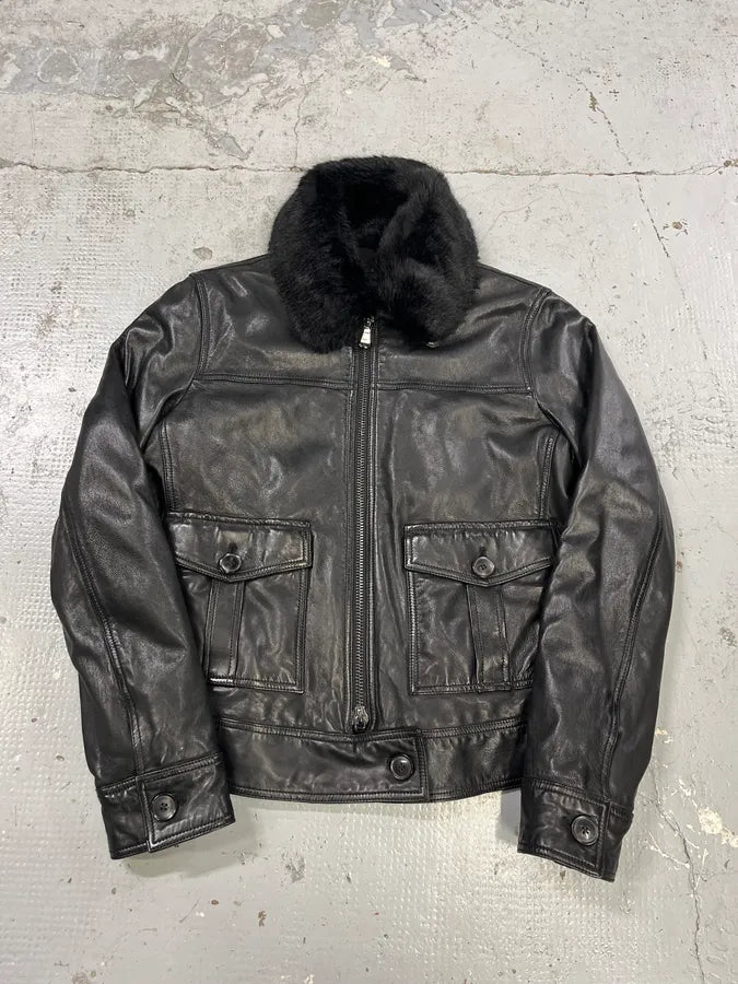 AW2018 Emporio Armani Fake Fur Collar Black Leather Jacket xDOHkSr 3