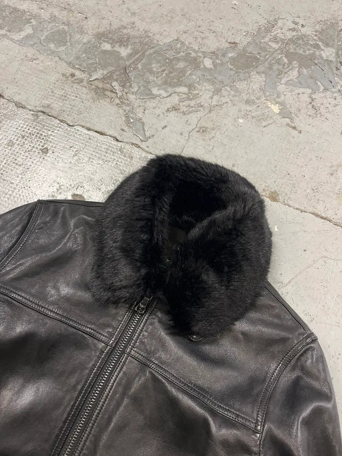 AW2018 Emporio Armani Fake Fur Collar Black Leather Jacket xDOHkSr 4