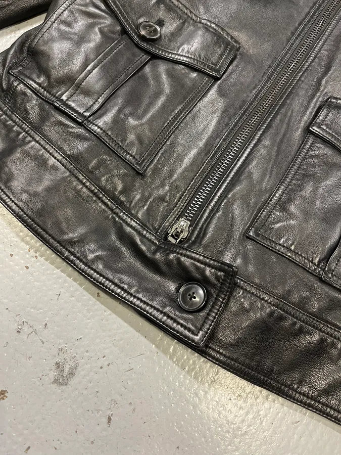 AW2018 Emporio Armani Fake Fur Collar Black Leather Jacket xDOHkSr 5