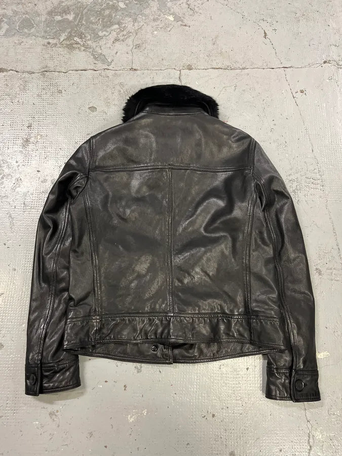 AW2018 Emporio Armani Fake Fur Collar Black Leather Jacket xDOHkSr 7