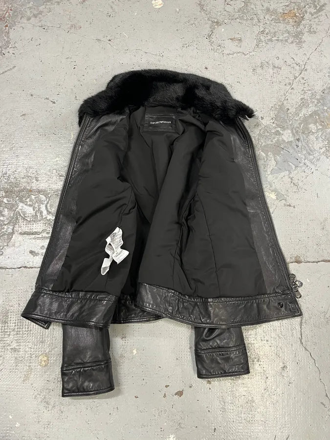 AW2018 Emporio Armani Fake Fur Collar Black Leather Jacket xDOHkSr 8
