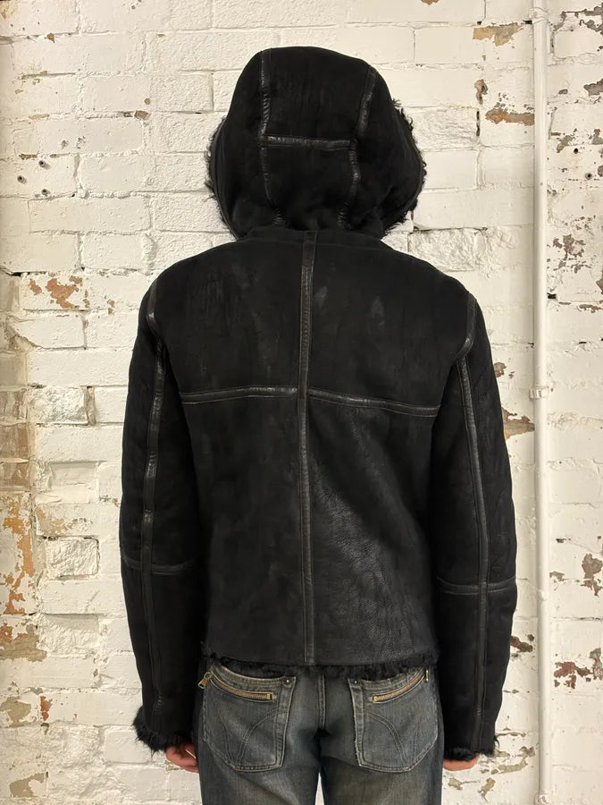 AW2018 Emporio Armani Fur Collar Black Leather Jacket  ScSjMqB 3