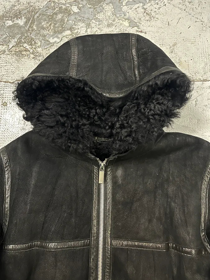 AW2018 Emporio Armani Fur Collar Black Leather Jacket  ScSjMqB 5