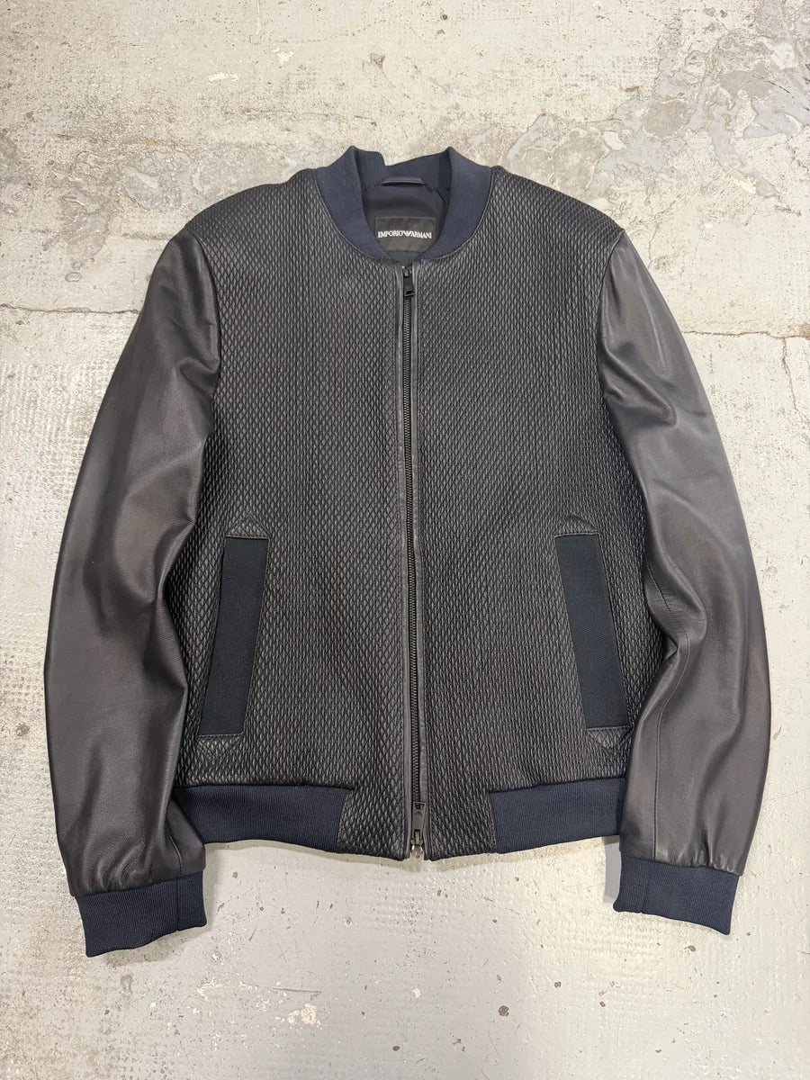 AW2018 Emporio Armani Navy & Black Waffled Leather Bomber Jacket oGhHQSm 0