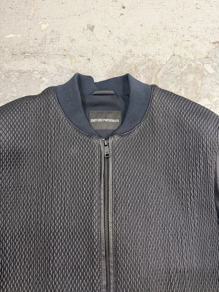 AW2018 Emporio Armani Navy & Black Waffled Leather Bomber Jacket oGhHQSm 11