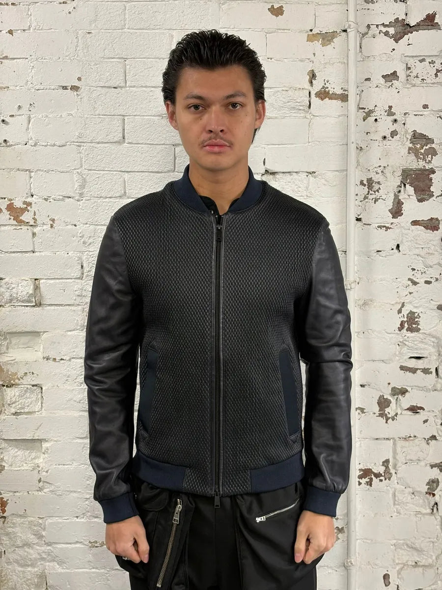 AW2018 Emporio Armani Navy & Black Waffled Leather Bomber Jacket oGhHQSm 2